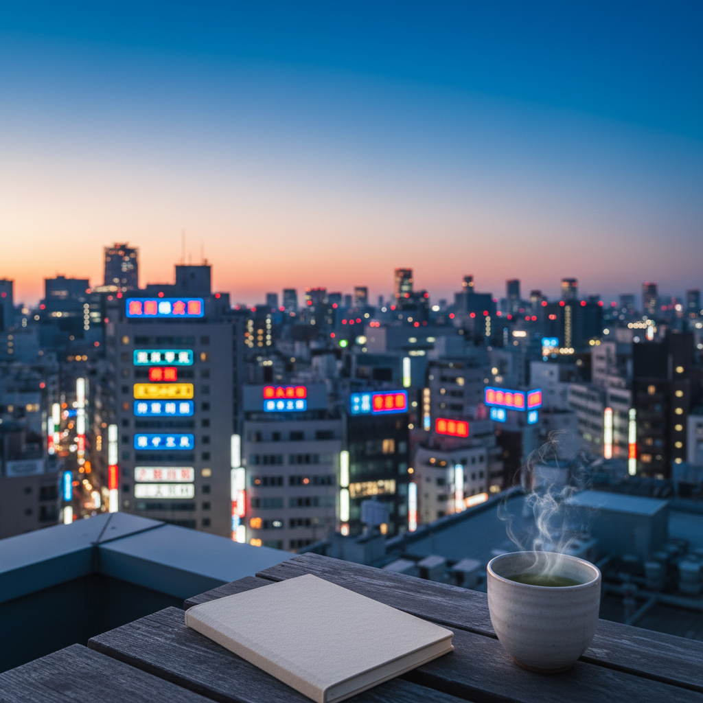 A minimalist Tokyo cityscape at dusk viewed from a high vantage point, featuring densely packed, sharply rendered buildings with glowing signage in precise kanji, contrasted against a clear gradient sky shifting from pale orange to deep blue. In the foreground, a detailed rooftop terrace holds a single, closed notebook and a small, steaming ceramic cup of green tea on a simple wooden table. The city lights shimmer in soft bokeh beyond, created by a wide aperture. Photographic realism with a cinematic, slightly elevated angle, focusing on the notebook while the skyline fades gently out of focus. The lighting mixes the last warm traces of natural light with cool artificial neon, creating a balanced, introspective atmosphere that suggests evening reflections after a long day exploring Japan.