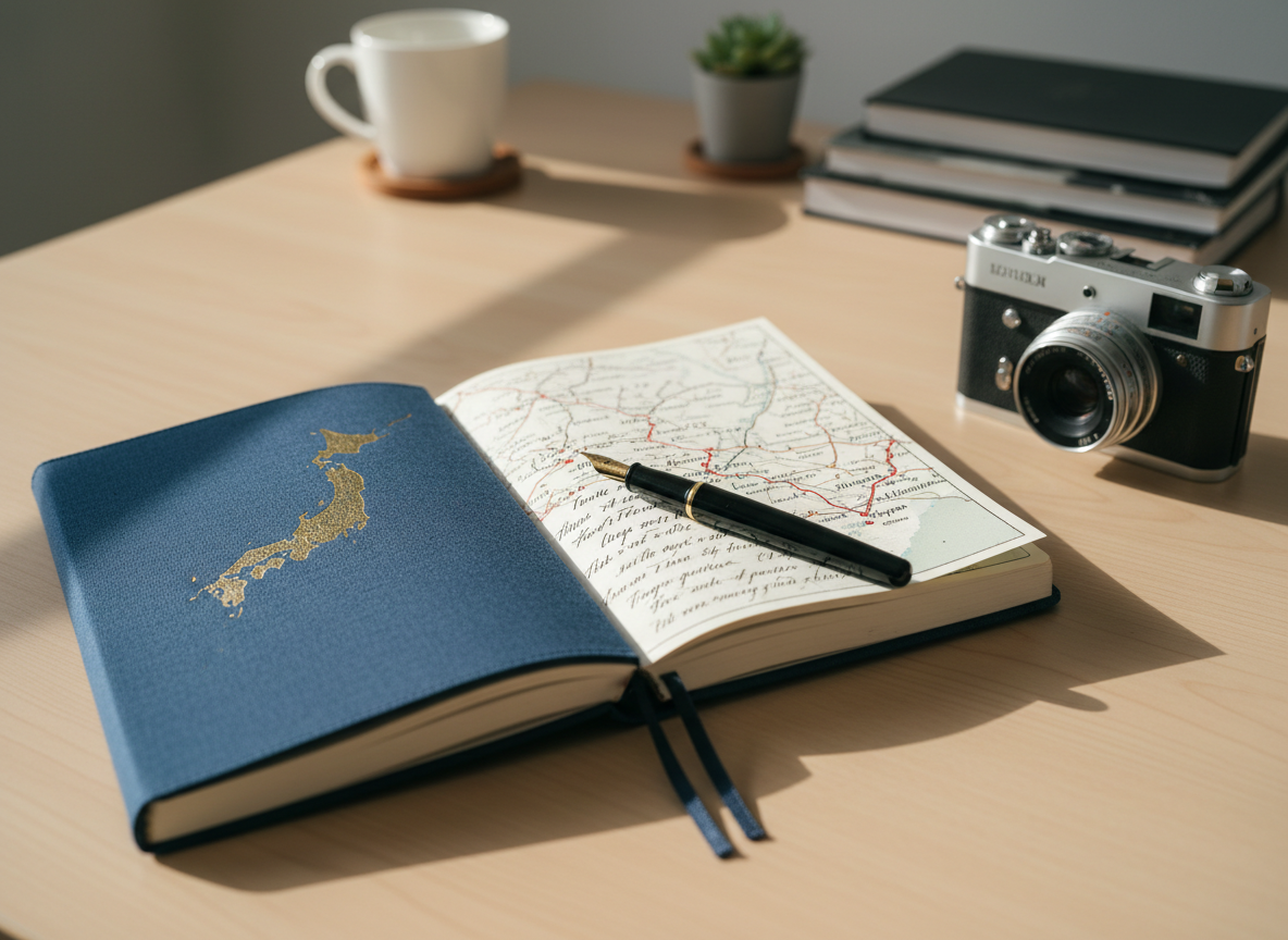 A meticulously arranged, hardbound travel journal with a textured indigo cloth cover embossed with a subtle golden map of Japan, lying open on a smooth light-wood table. Delicate handwriting fills the creamy pages beside a finely detailed paper map tracing routes from Tokyo to Kyoto and Hiroshima. Next to the journal, a glossy black fountain pen and a slim silver camera rest neatly. Soft morning light from an unseen window washes over the scene, creating gentle shadows and a calm, reflective mood. Photographic realism, shot from a slightly elevated angle with a shallow depth of field, the composition uses the rule of thirds, leaving the background softly blurred with hints of a minimalist, tidy workspace, evoking an organized and professional travel diary.