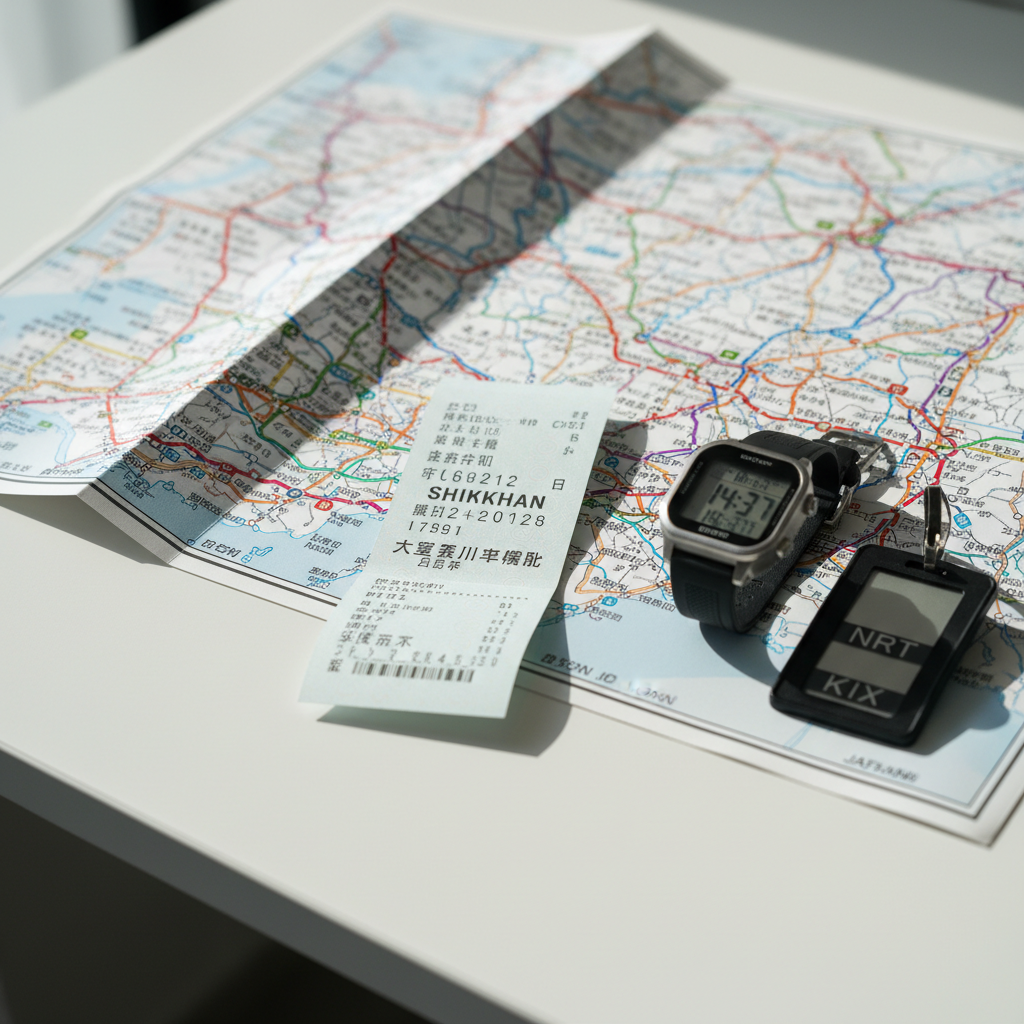 A carefully folded Shinkansen ticket, its crisp white paper printed with precise black and green Japanese characters, rests atop a detailed railway map of Japan on a minimalist white desk. Beside it, a sleek silver-and-black digital watch shows an exact departure time, while a compact, modern luggage tag marked with airport codes NRT and KIX adds context. Soft, diffused daylight from the left creates clean, subtle shadows and emphasizes the fine textures of paper and plastic. Photographic realism, captured at eye level with a shallow depth of field, keeps the ticket sharply in focus while the colorful railway lines blur gently in the background. The mood is anticipatory yet organized, ideal for a professional blog about navigating train travel in Japan.