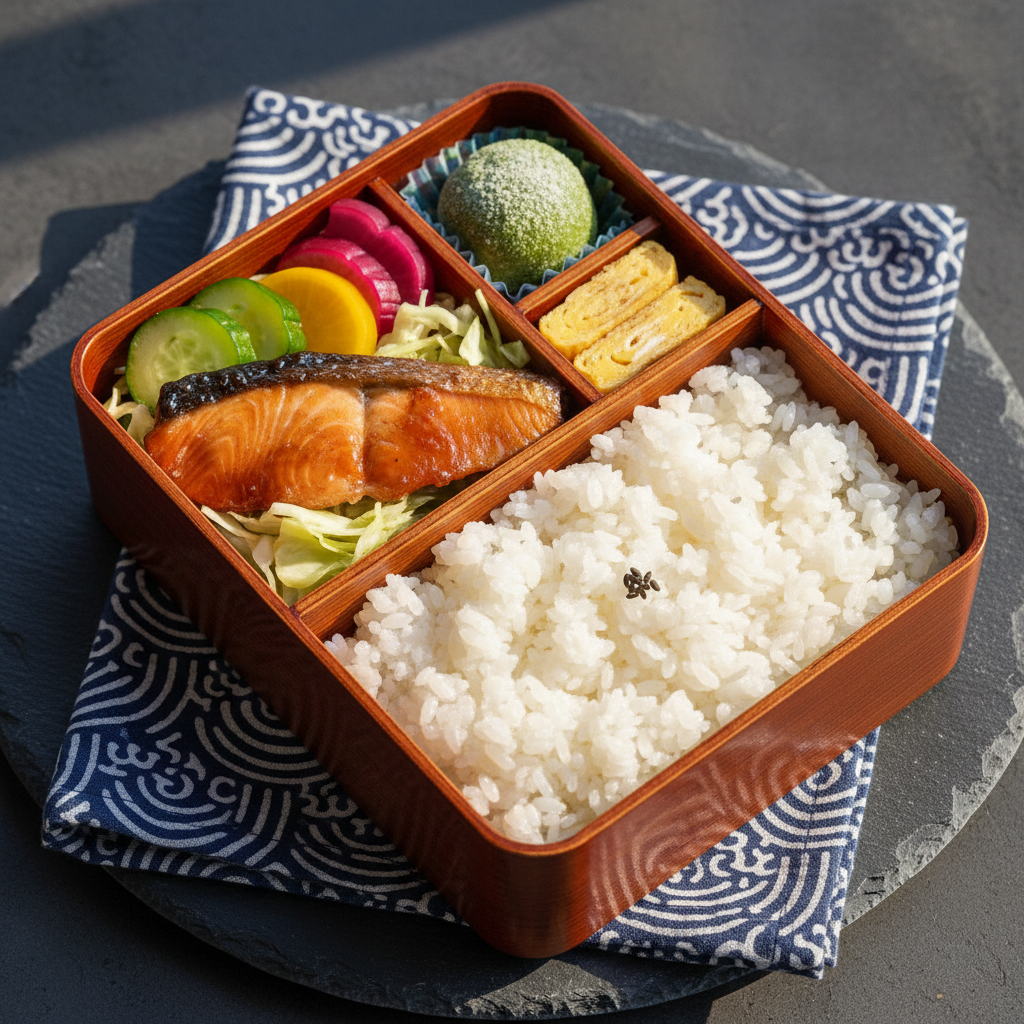 A gleaming wooden bento box with perfectly arranged compartments, each holding meticulously prepared Japanese dishes: glossy teriyaki salmon, jewel-like pickled vegetables, fluffy white rice with a single black sesame garnish, and a vibrant green matcha mochi dessert. The bento rests on a dark slate surface with a folded indigo tenugui cloth printed with subtle wave patterns beneath. Natural afternoon light from the right creates soft highlights on the lacquered wood and gentle shadows between the compartments, making textures pop. Photographic realism, shot from a top-down perspective for a clean, editorial feel, with sharp focus throughout. The mood is refined, inviting, and slightly contemplative, suitable for a professional travel blog post discussing authentic Japanese food experiences.